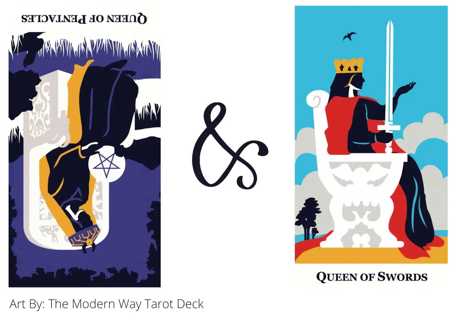 queen of pentacles reversed and queen of swords tarot cards together