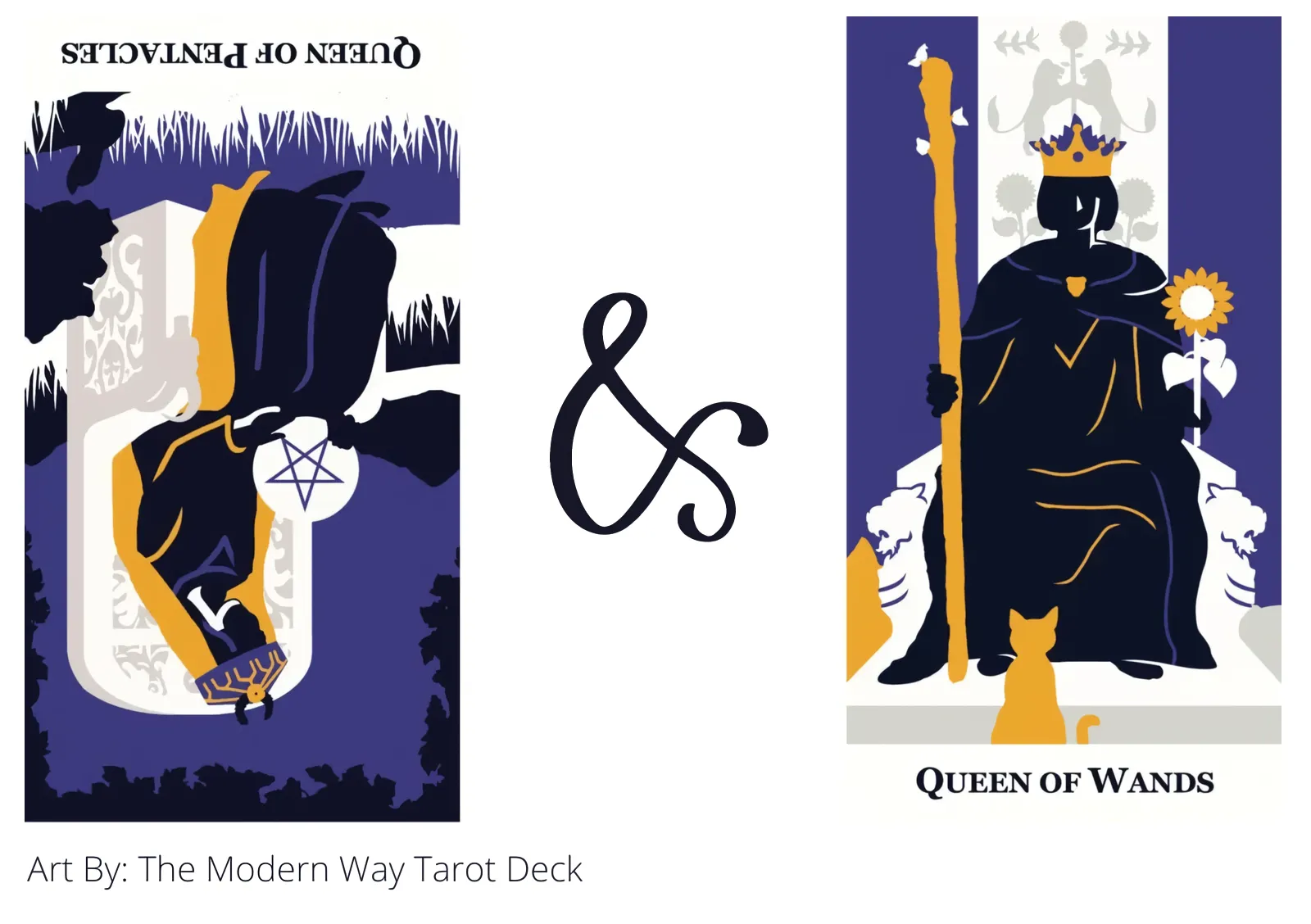 queen of pentacles reversed and queen of wands tarot cards together