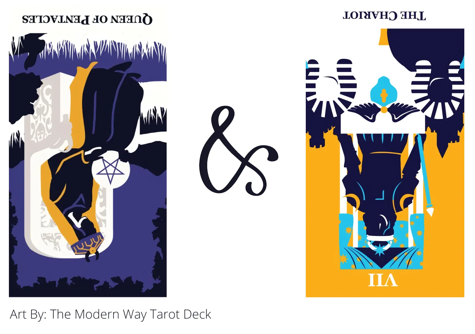 queen of pentacles reversed and the chariot reversed tarot cards together