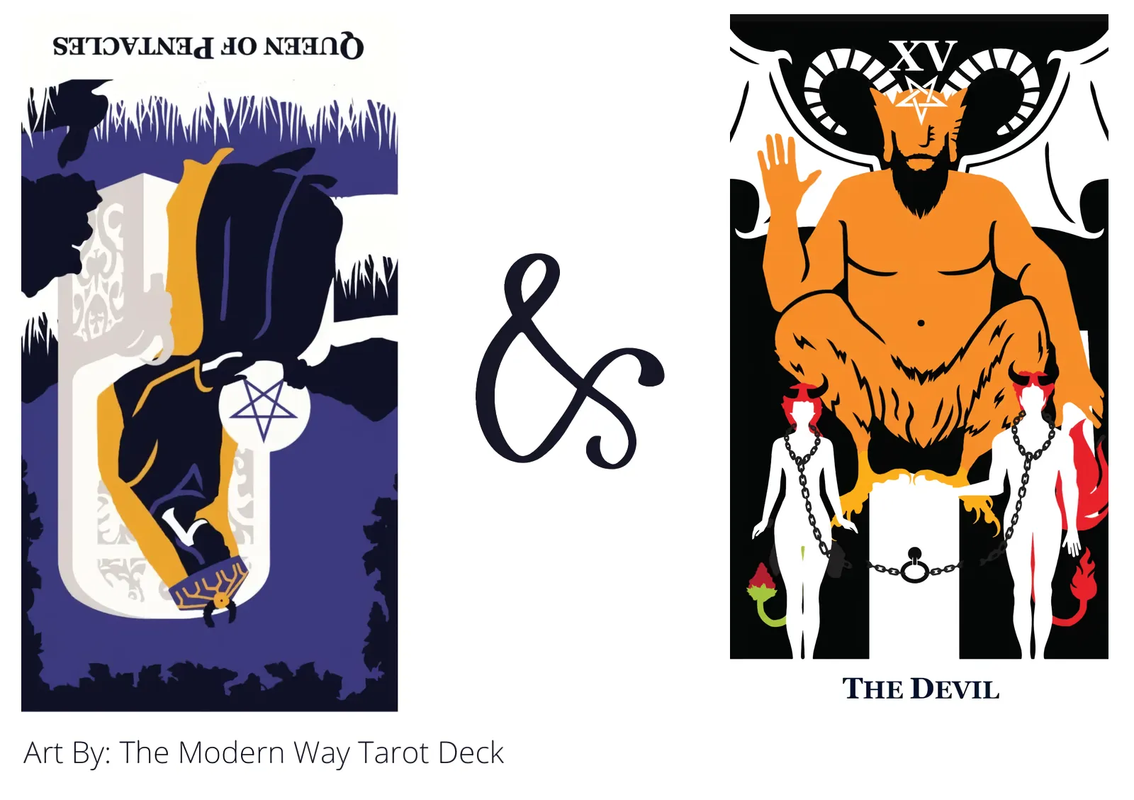queen of pentacles reversed and the devil tarot cards together
