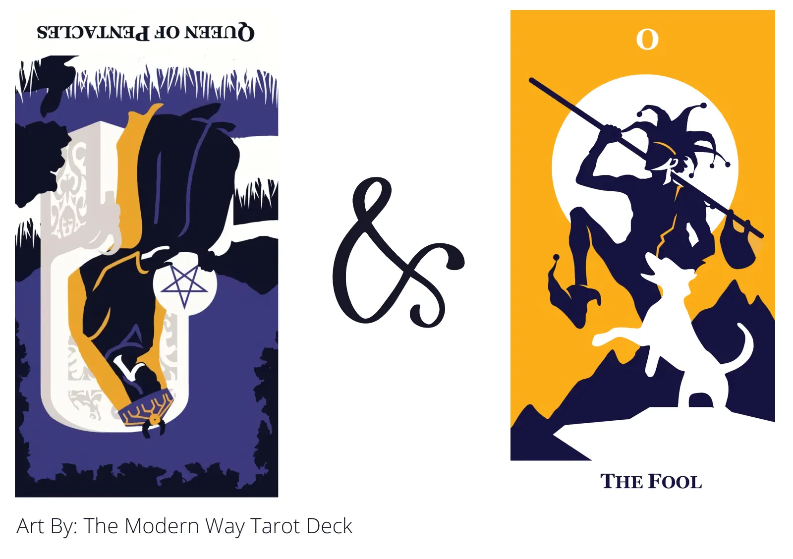queen of pentacles reversed and the fool tarot cards together