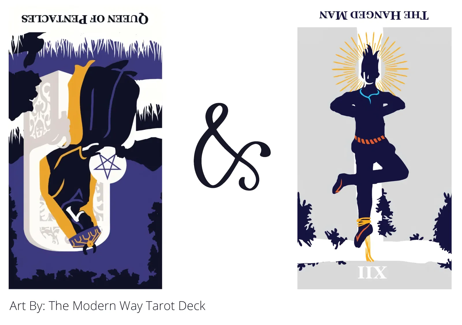 queen of pentacles reversed and the hanged man reversed tarot cards together