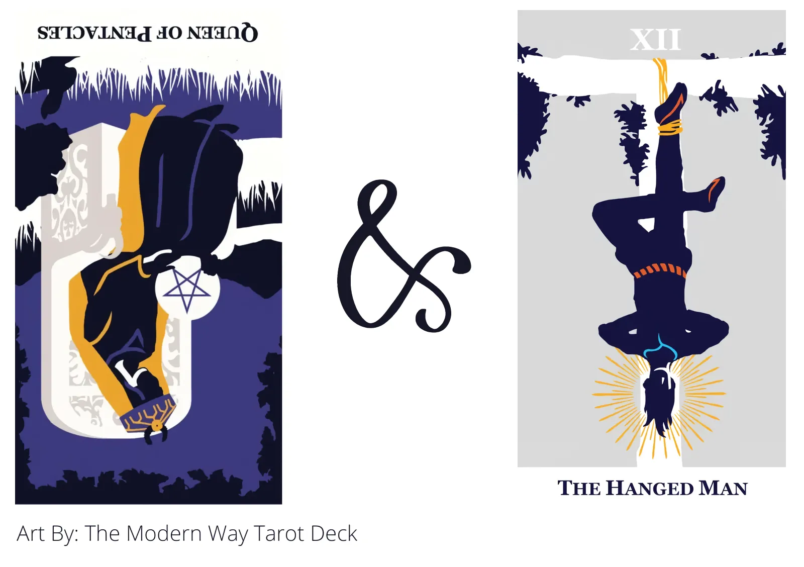 queen of pentacles reversed and the hanged man tarot cards together