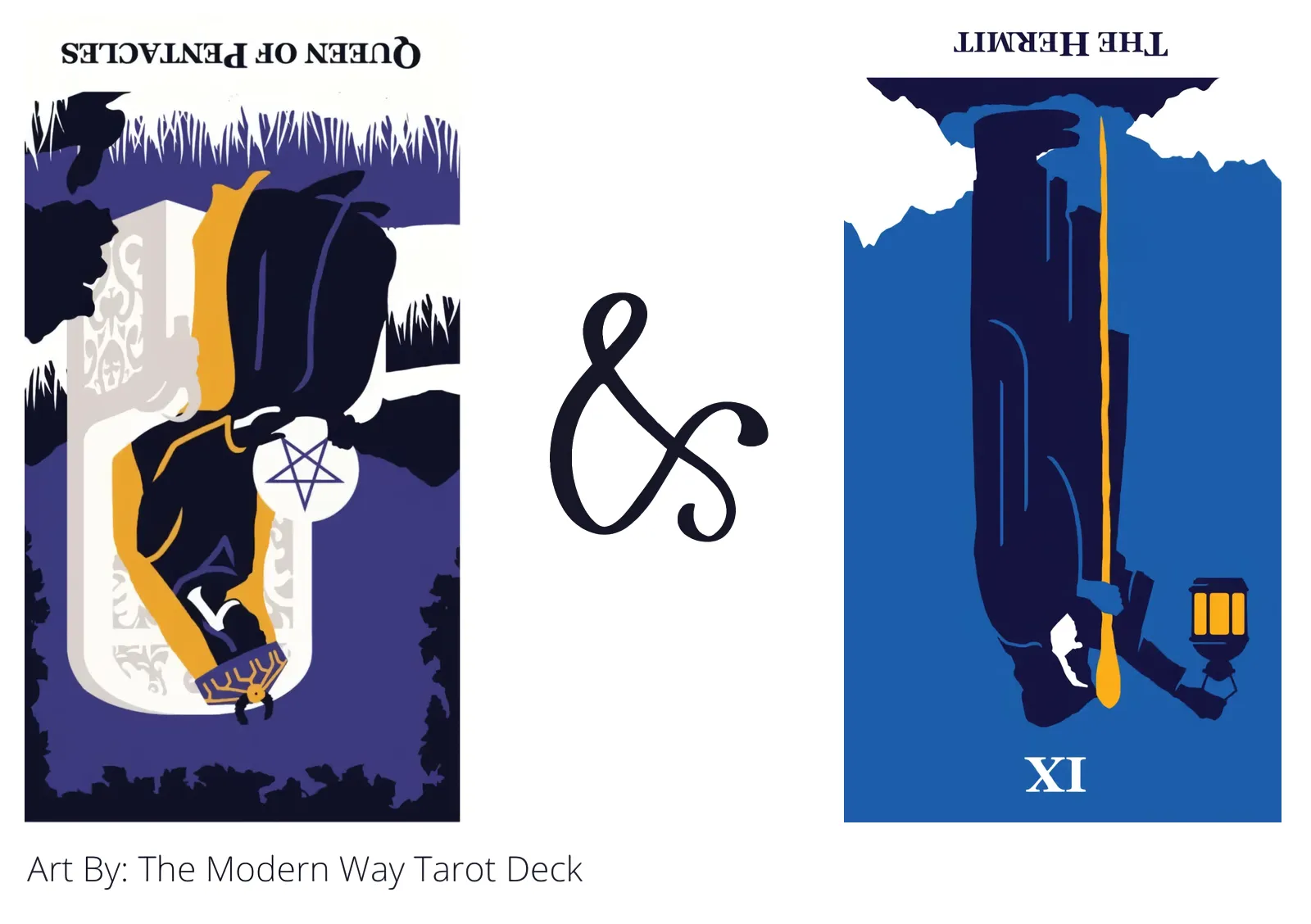 queen of pentacles reversed and the hermit reversed tarot cards together