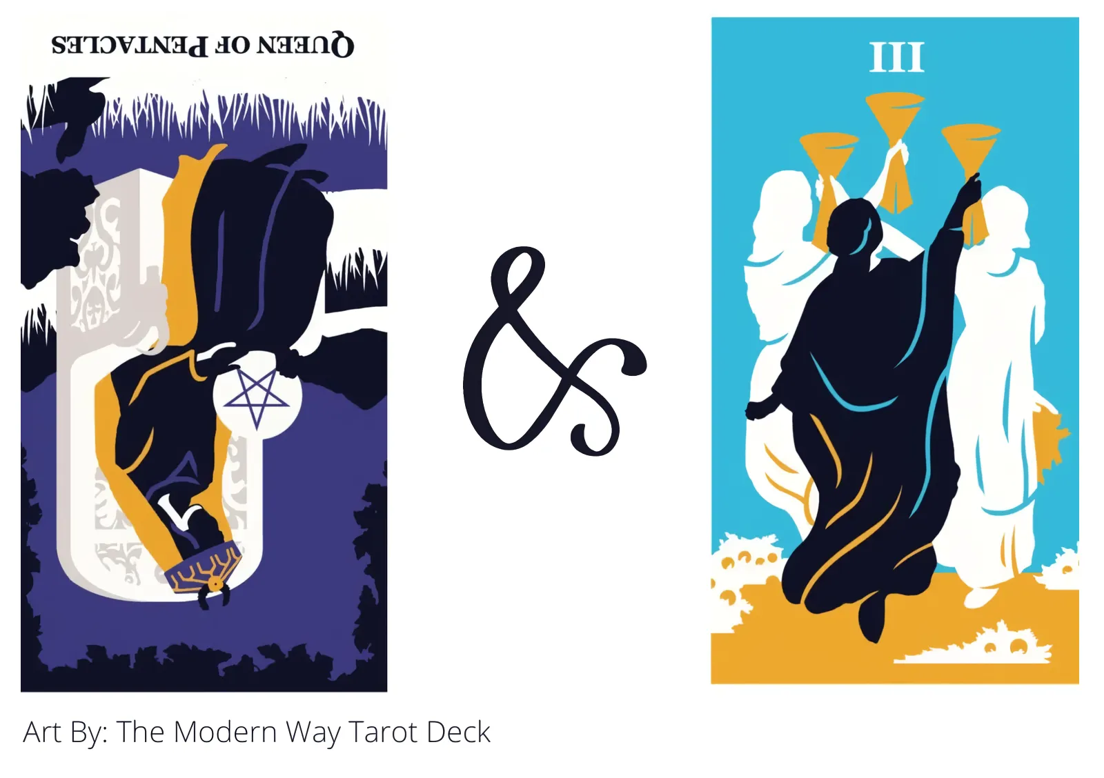 queen of pentacles reversed and three of cups tarot cards together