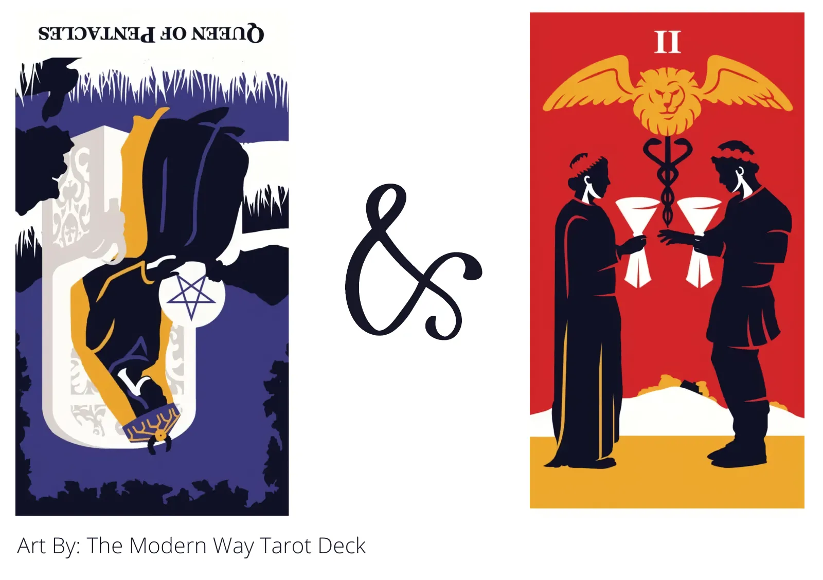 queen of pentacles reversed and two of cups tarot cards together