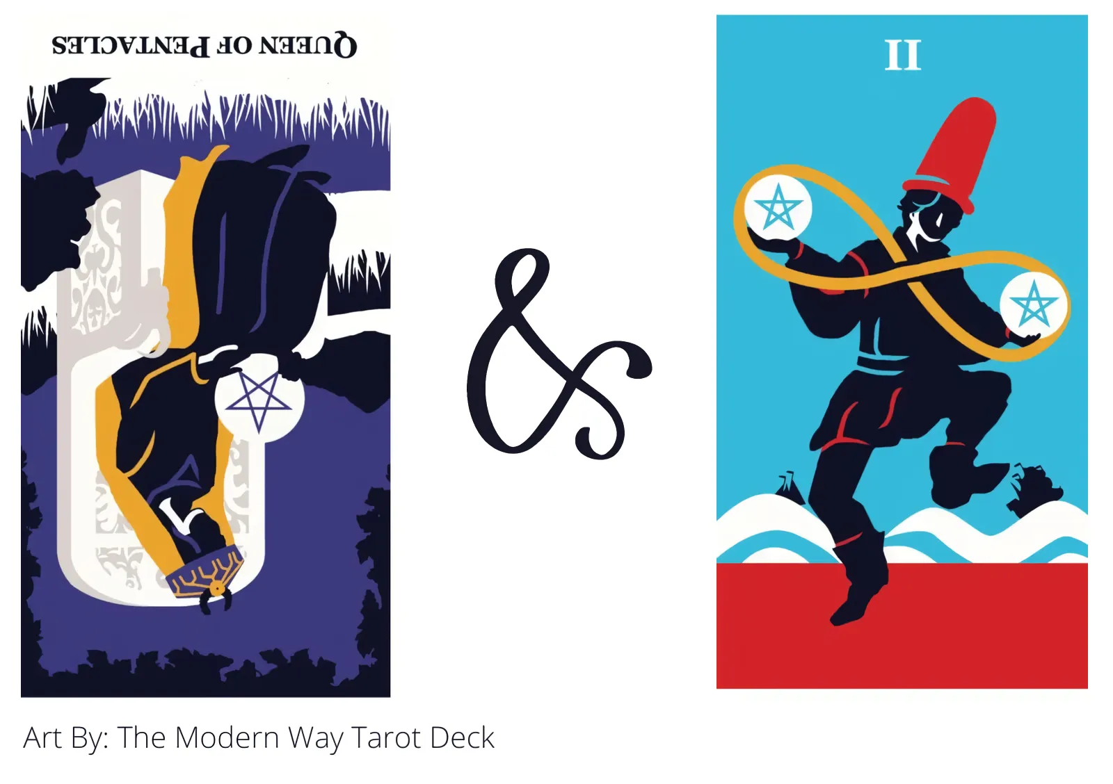 queen of pentacles reversed and two of pentacles tarot cards together