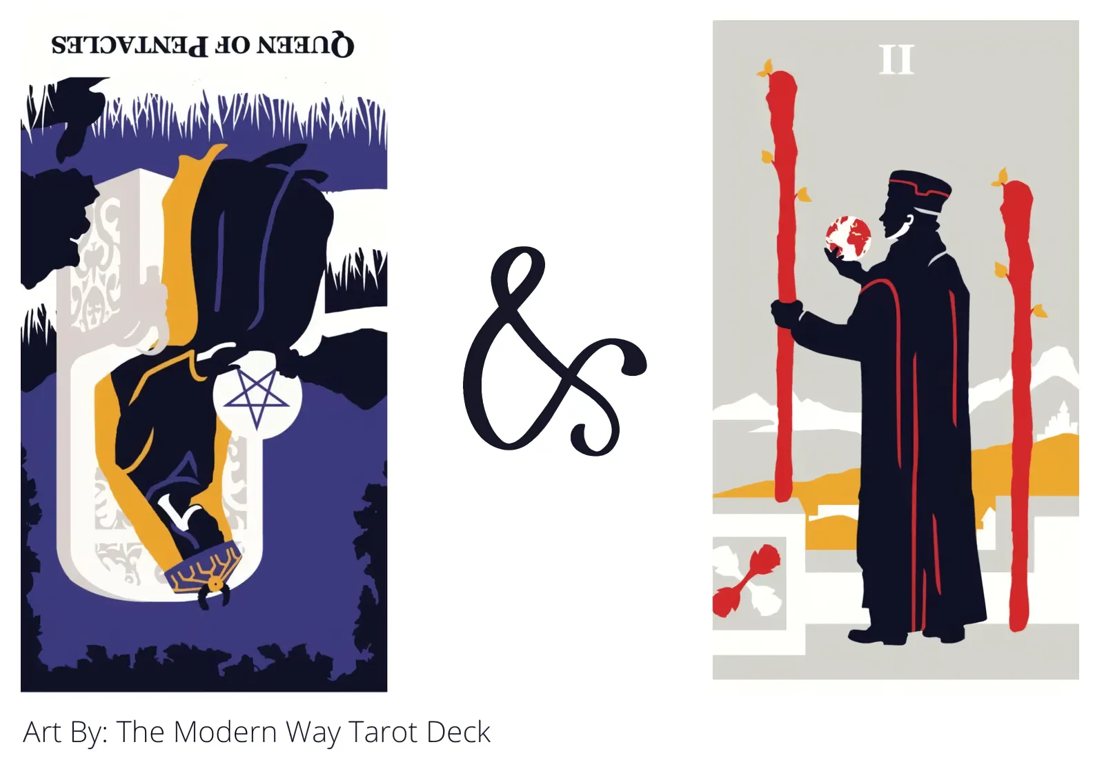 queen of pentacles reversed and two of wands tarot cards together