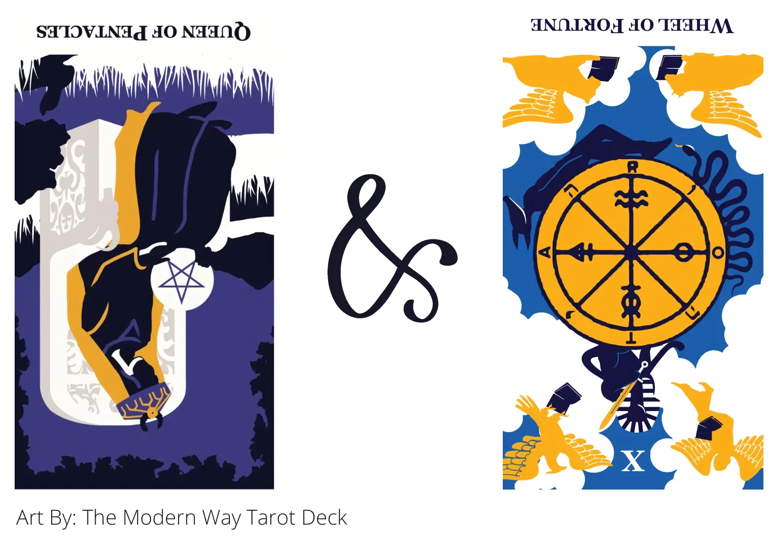 queen of pentacles reversed and wheel of fortune reversed tarot cards together
