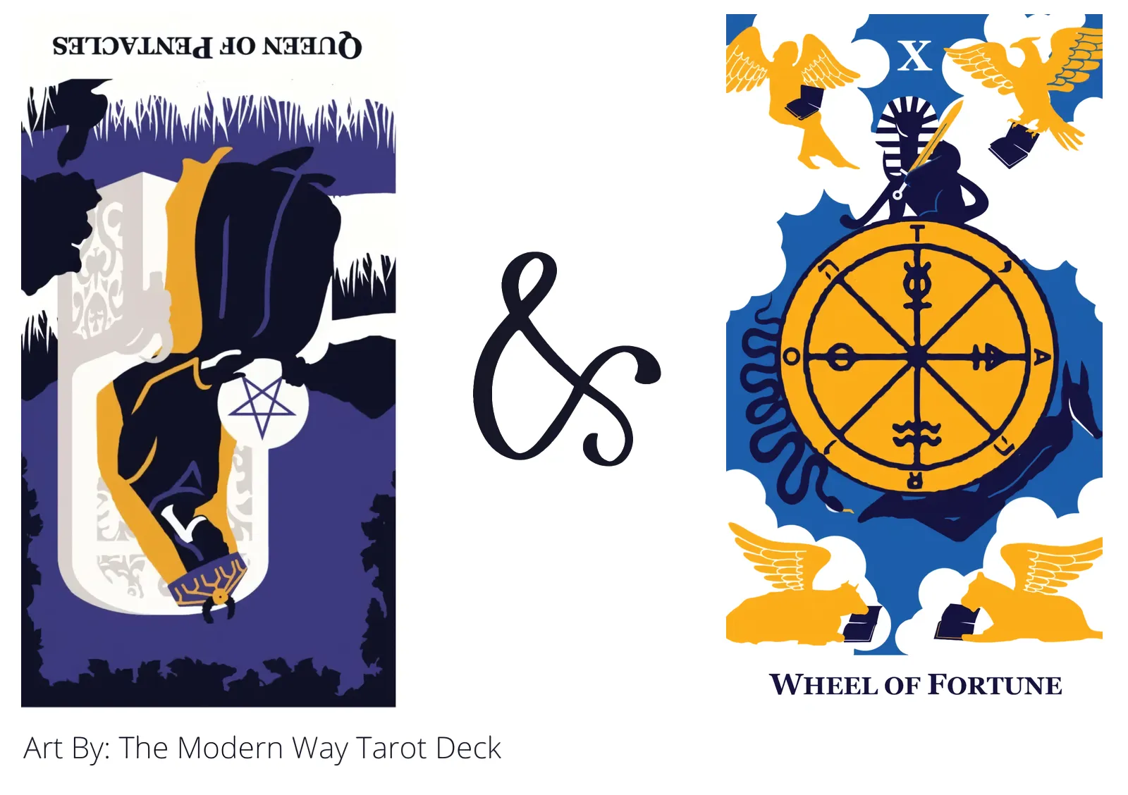 queen of pentacles reversed and wheel of fortune tarot cards together