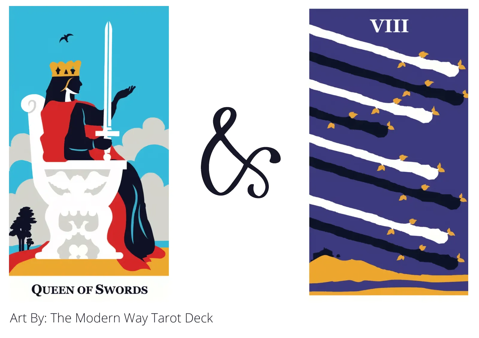 queen of swords and eight of wands tarot cards together