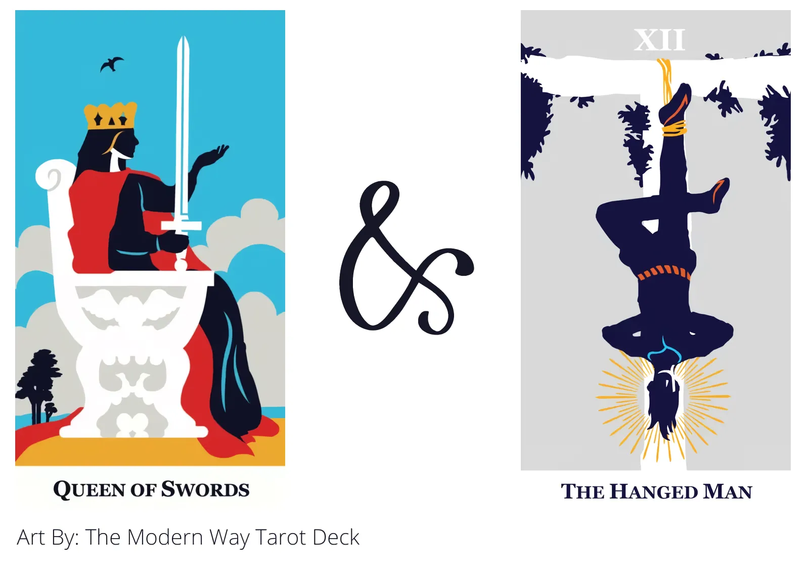 queen of swords and the hanged man tarot cards together