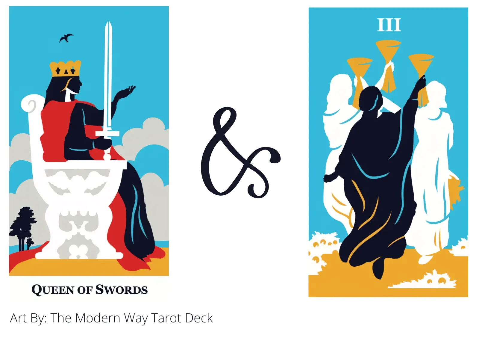 queen of swords and three of cups tarot cards together