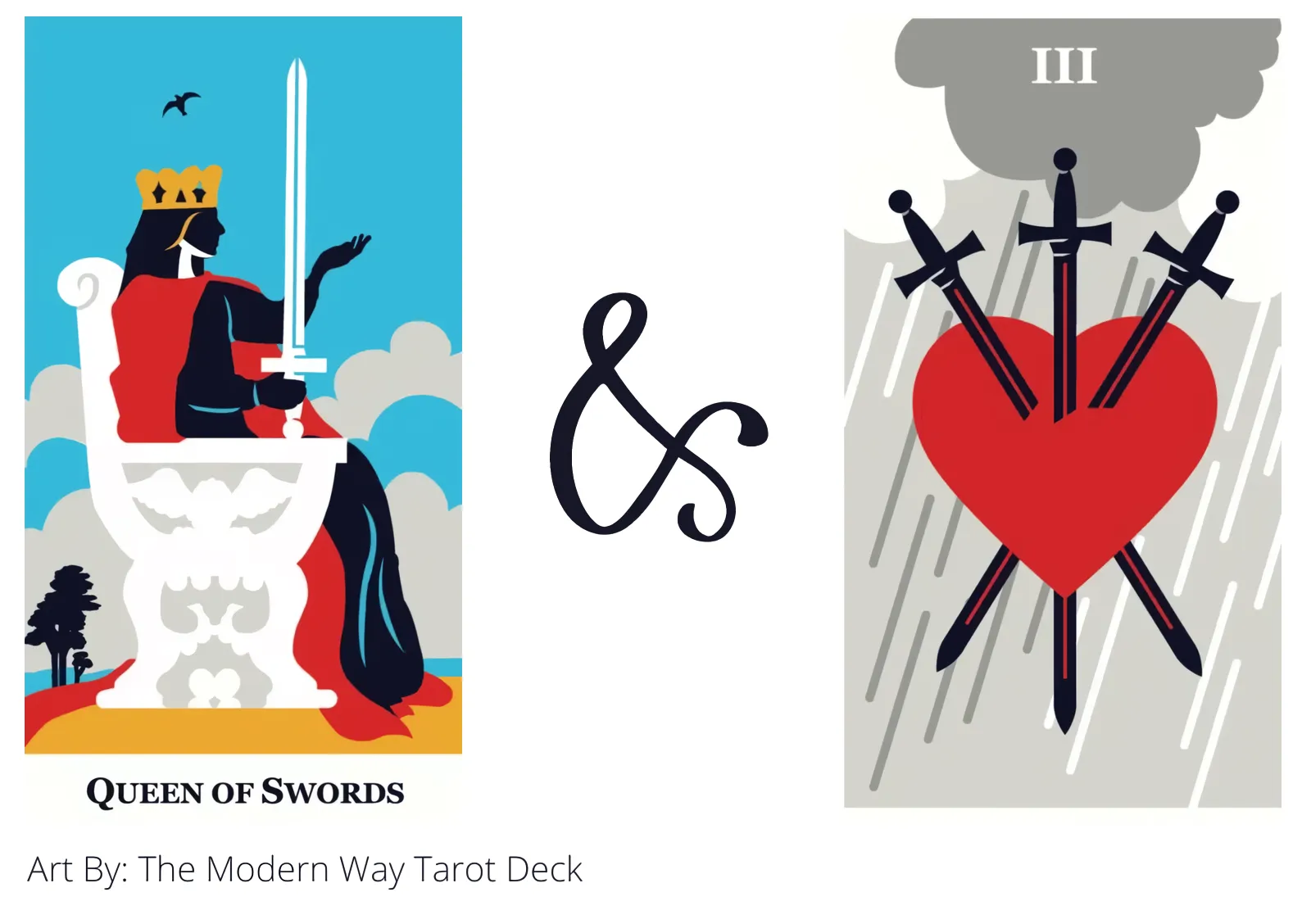 queen of swords and three of swords tarot cards together