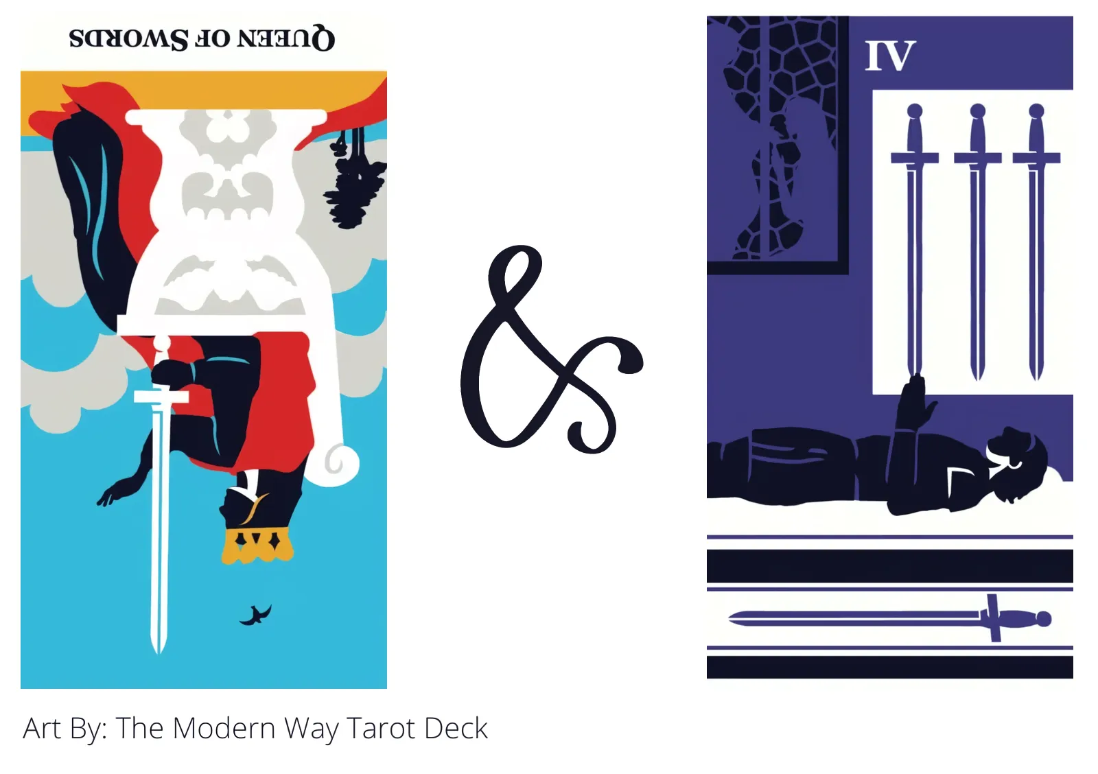 queen of swords reversed and four of swords tarot cards together