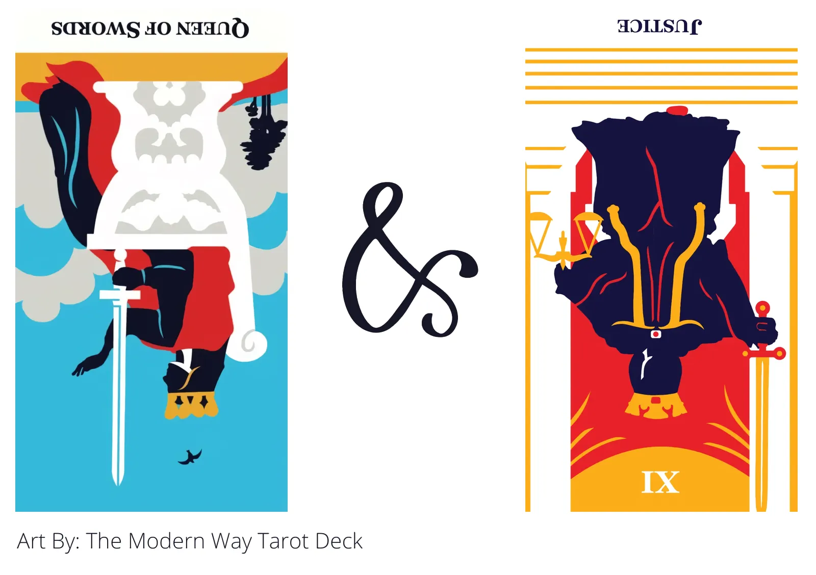 queen of swords reversed and justice reversed tarot cards together