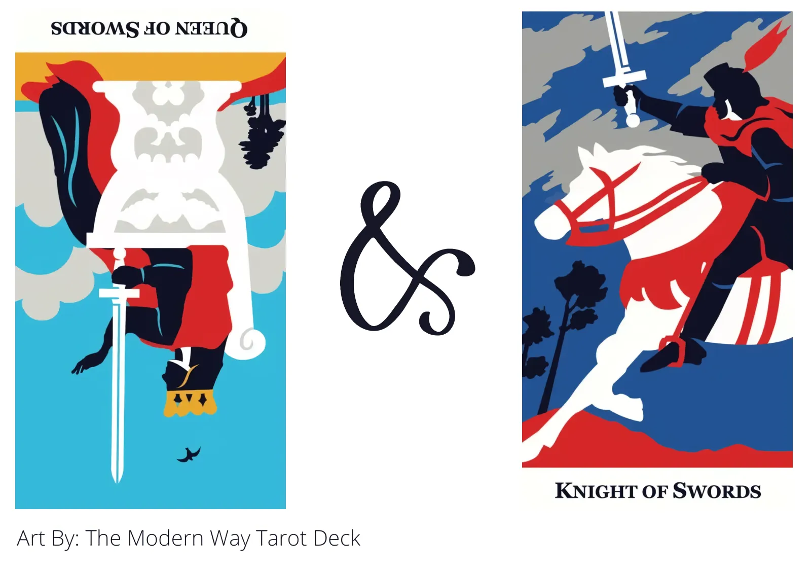queen of swords reversed and knight of swords tarot cards together
