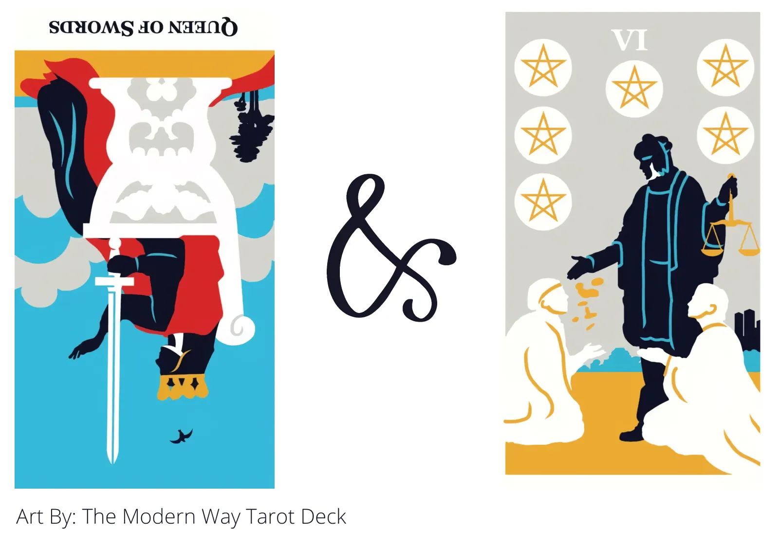 queen of swords reversed and six of pentacles tarot cards together