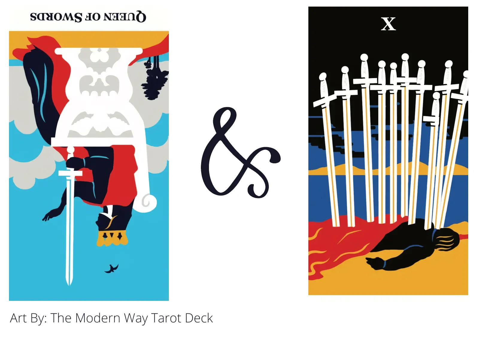 queen of swords reversed and ten of swords tarot cards together
