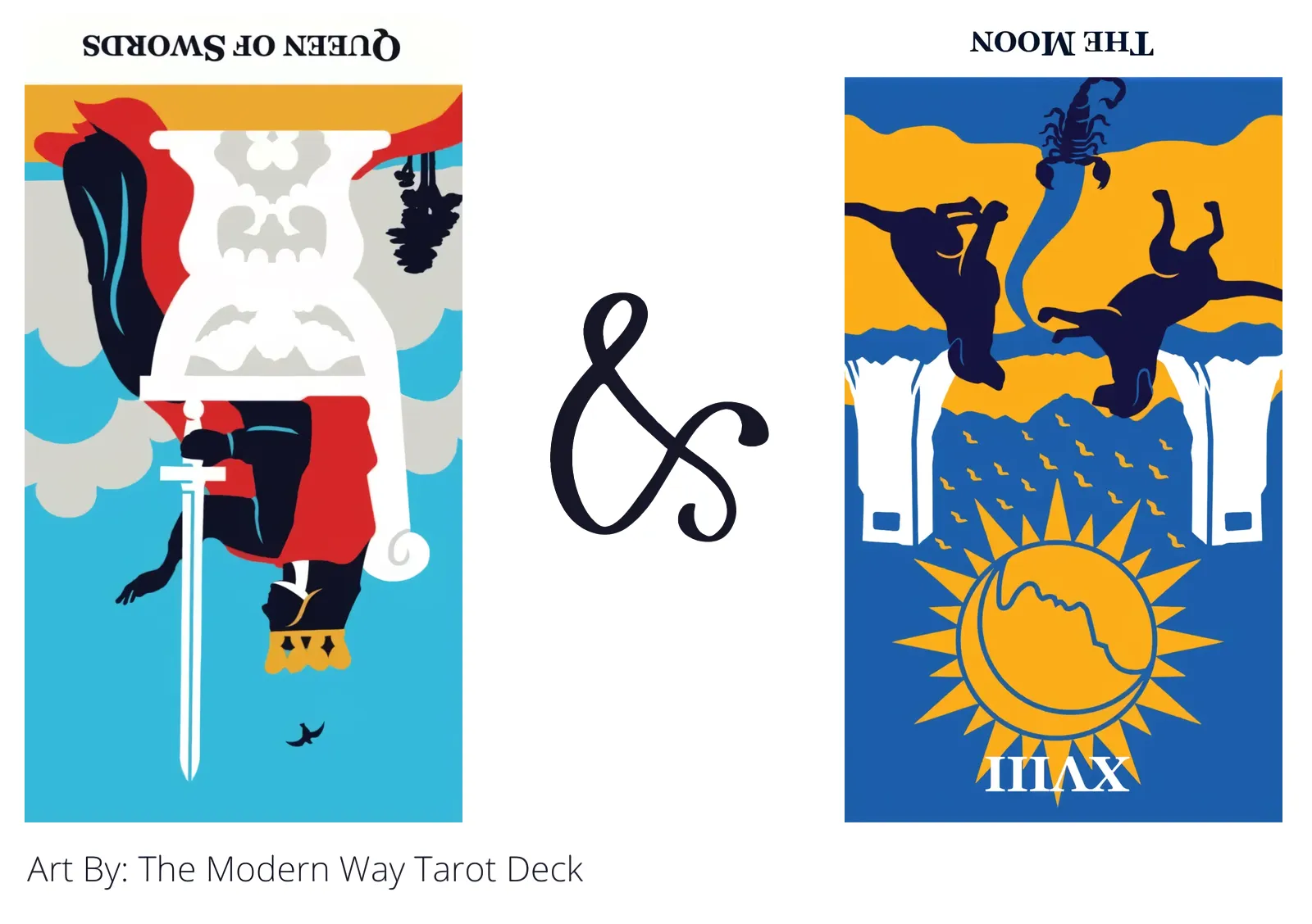 queen of swords reversed and the moon reversed tarot cards together