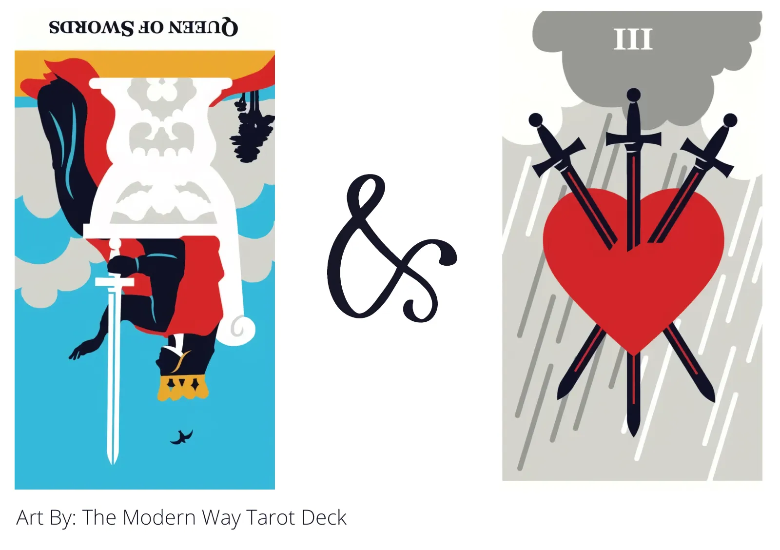 queen of swords reversed and three of swords tarot cards together