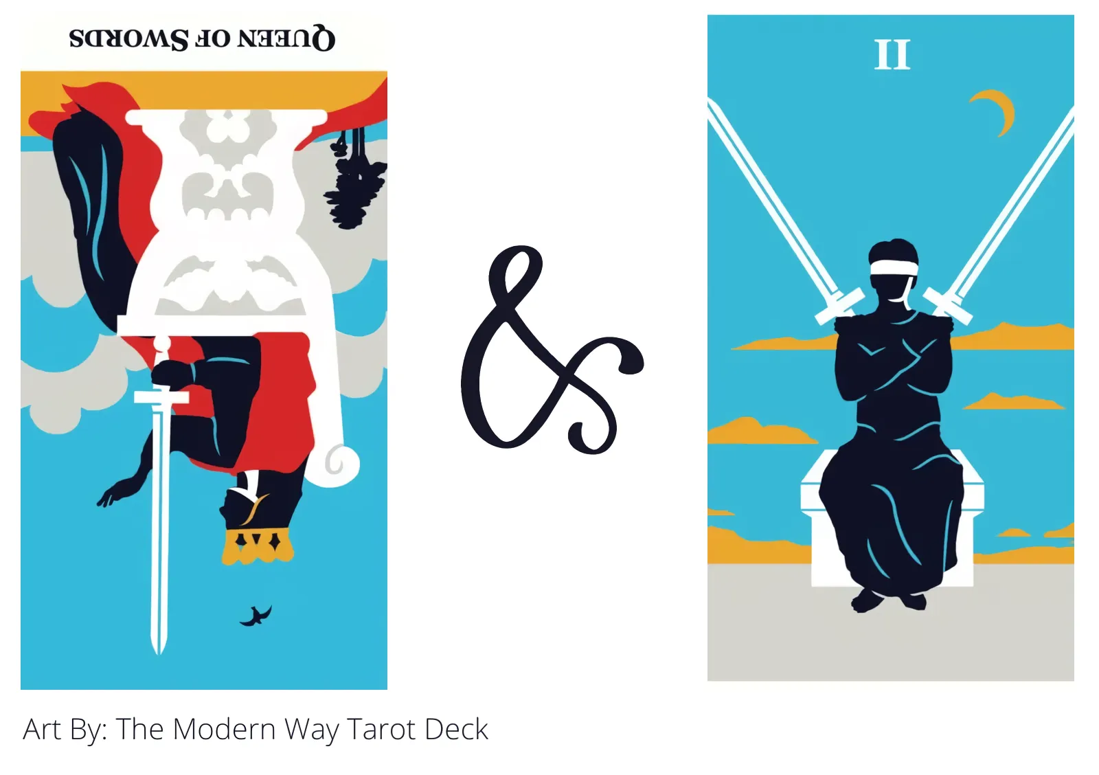 queen of swords reversed and two of swords tarot cards together