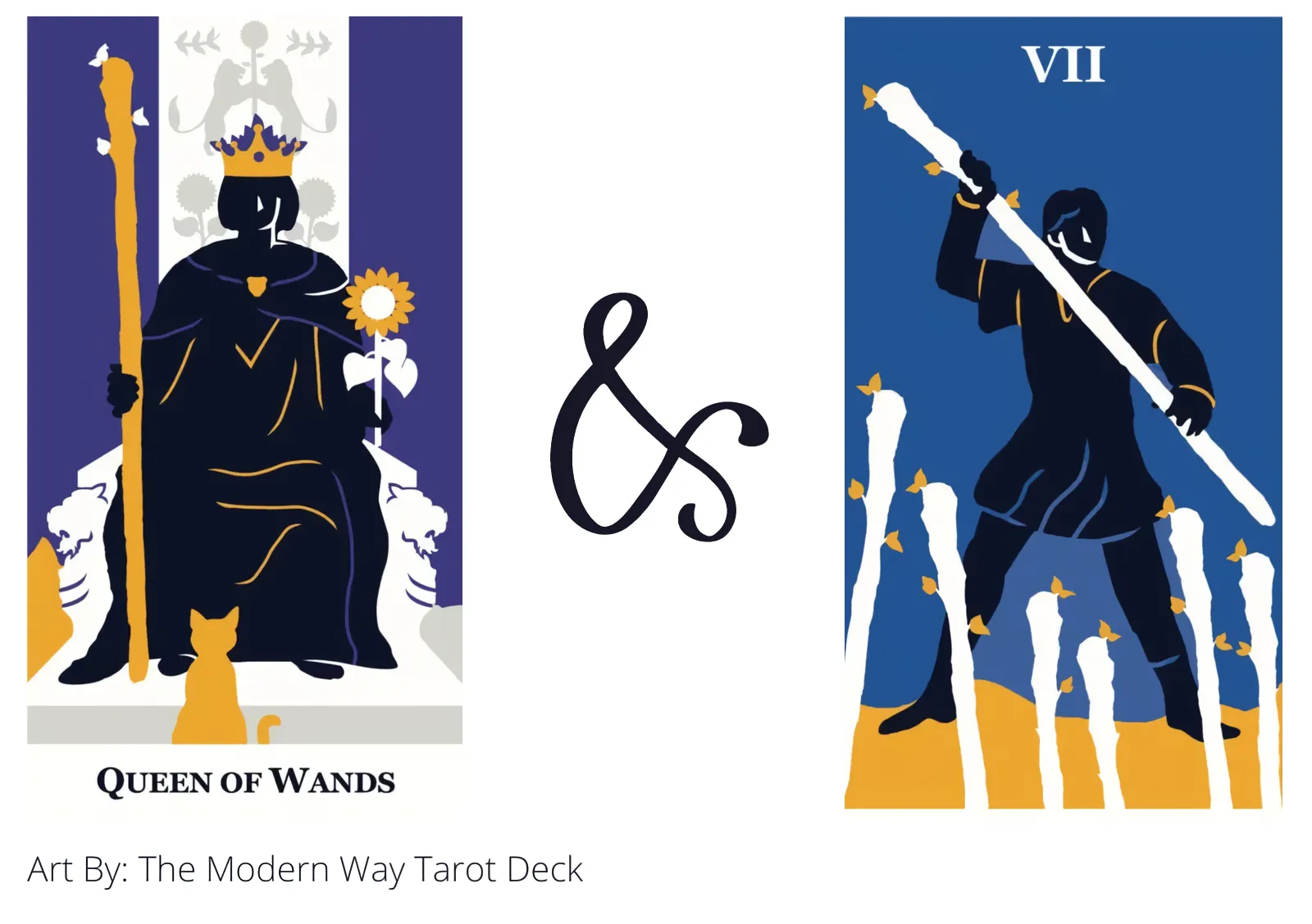 queen of wands and seven of wands tarot cards together