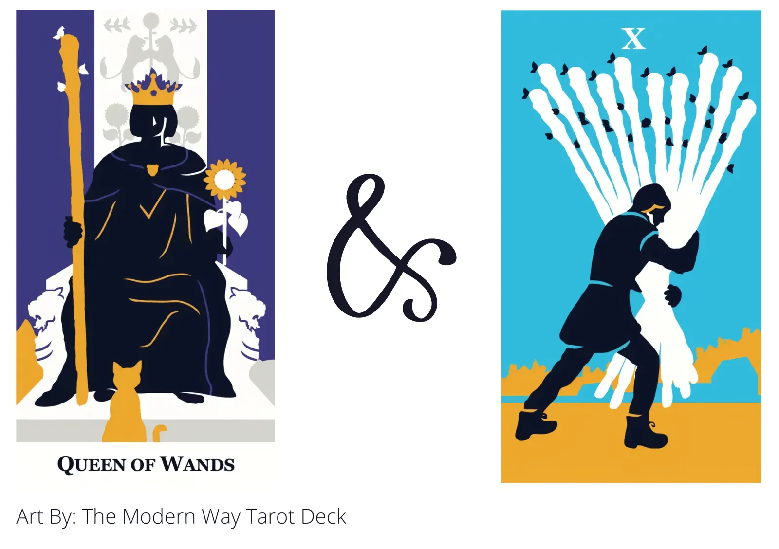 queen of wands and ten of wands tarot cards together