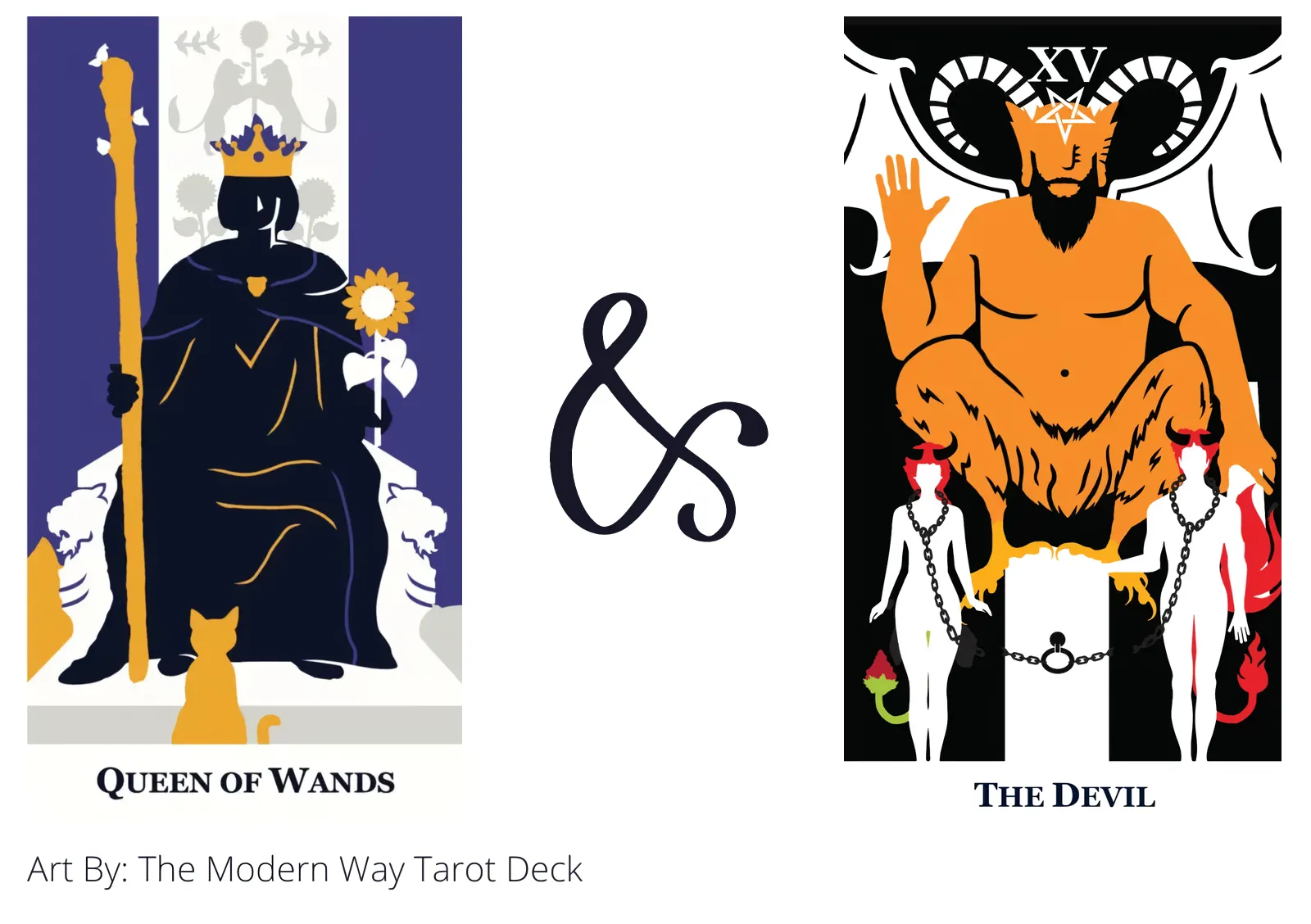 queen of wands and the devil tarot cards together