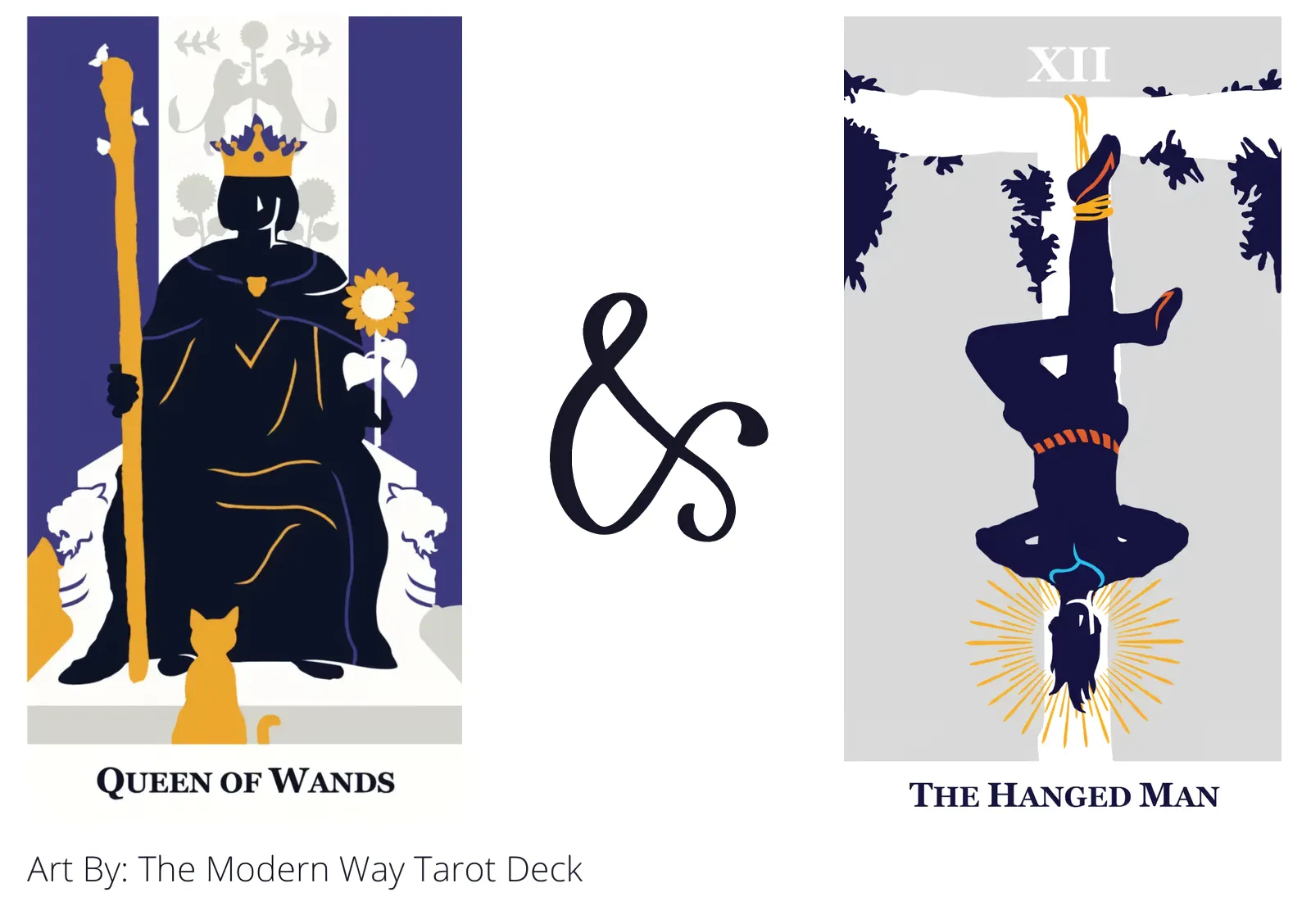queen of wands and the hanged man tarot cards together