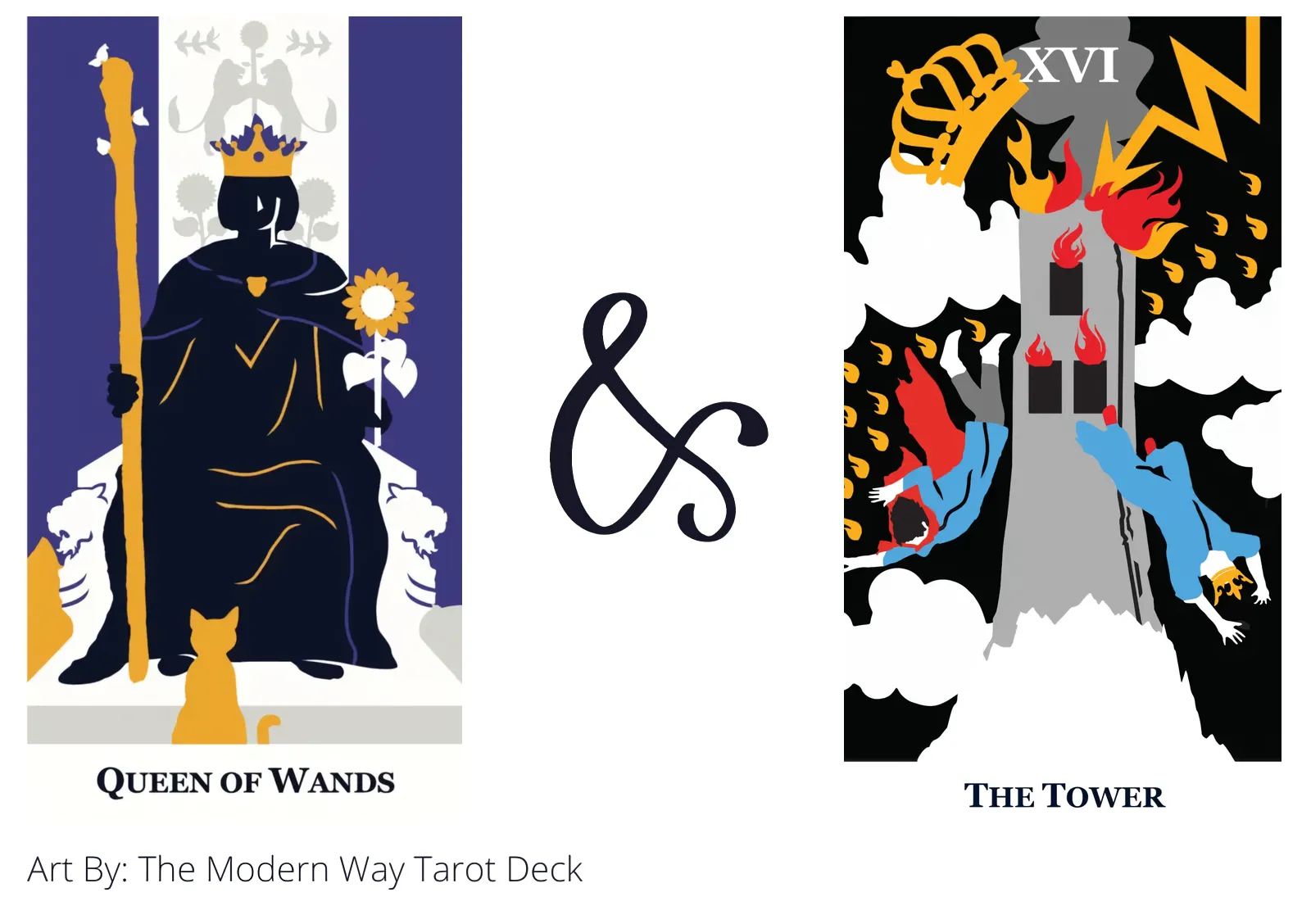 queen of wands and the tower tarot cards together