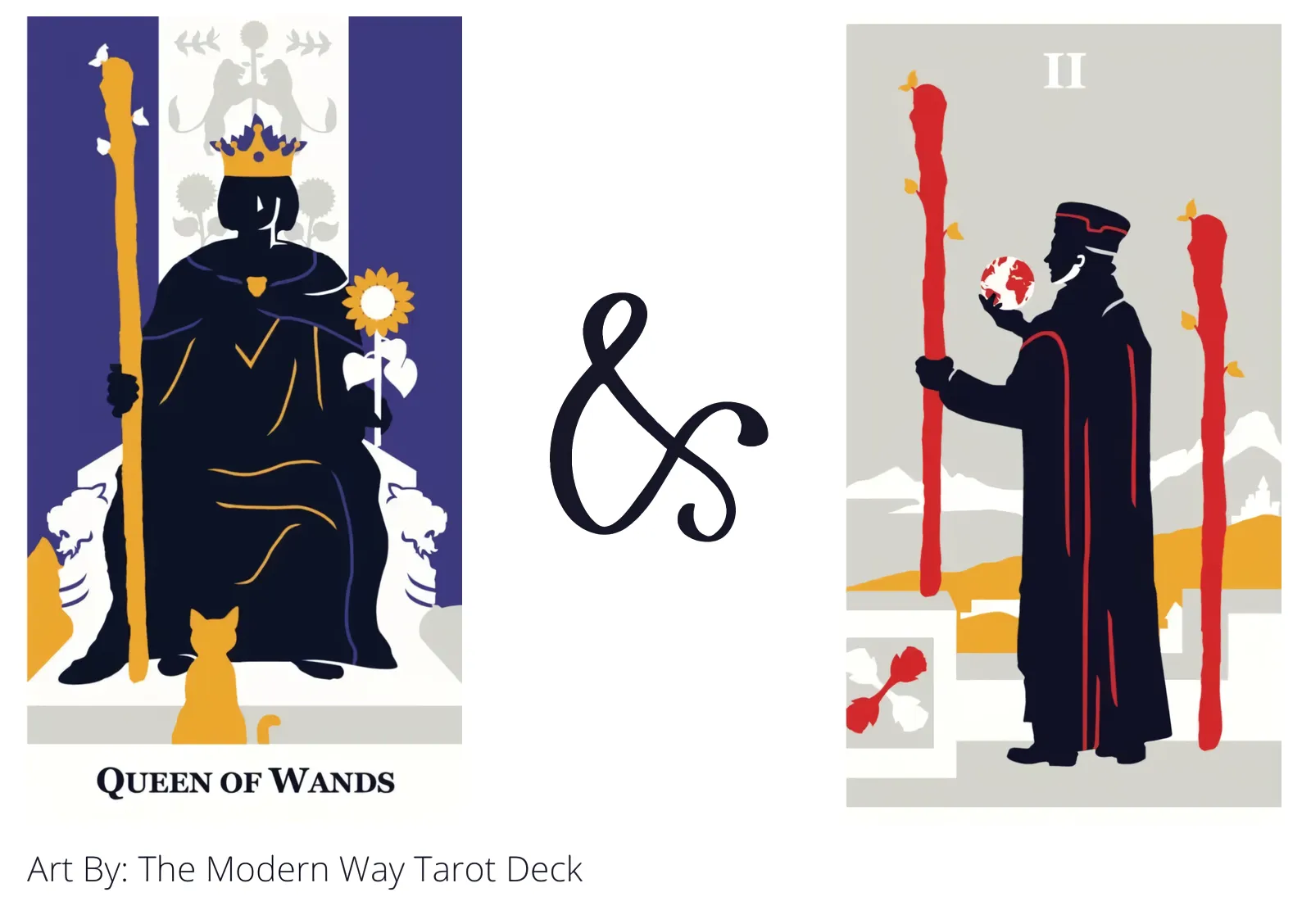 queen of wands and two of wands tarot cards together