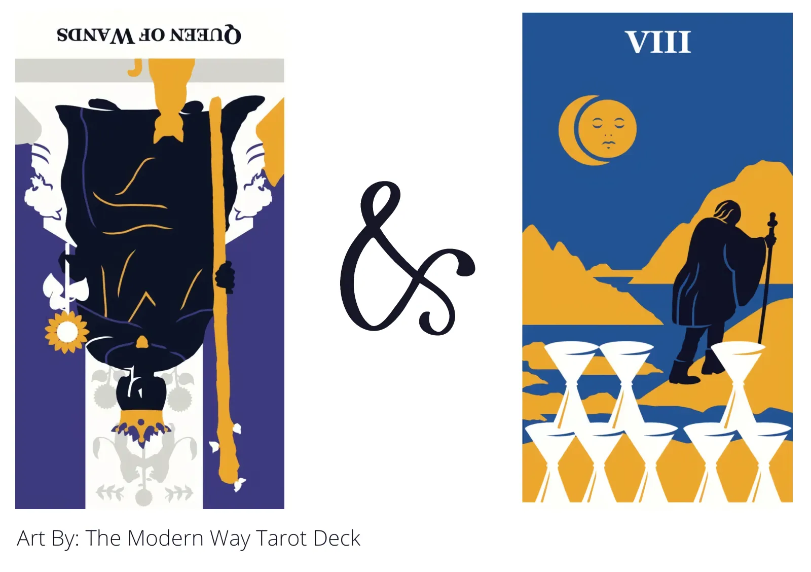 queen of wands reversed and eight of cups tarot cards together
