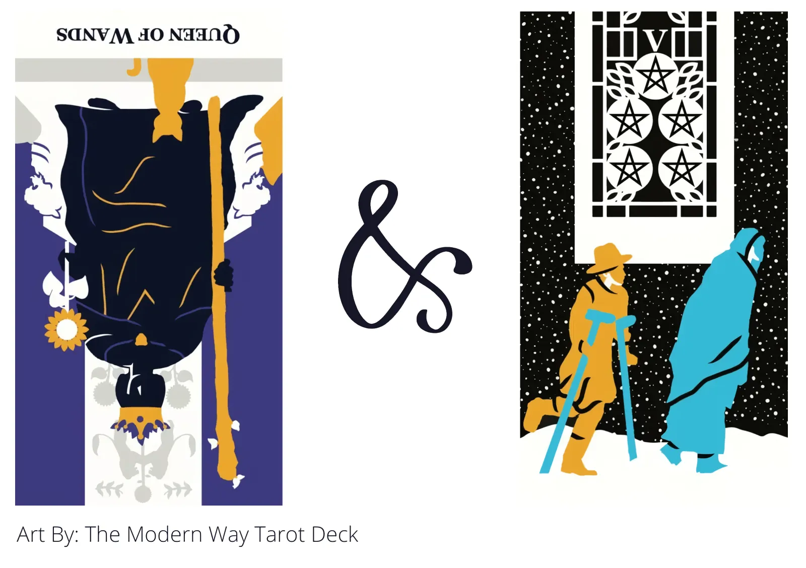 queen of wands reversed and five of pentacles tarot cards together