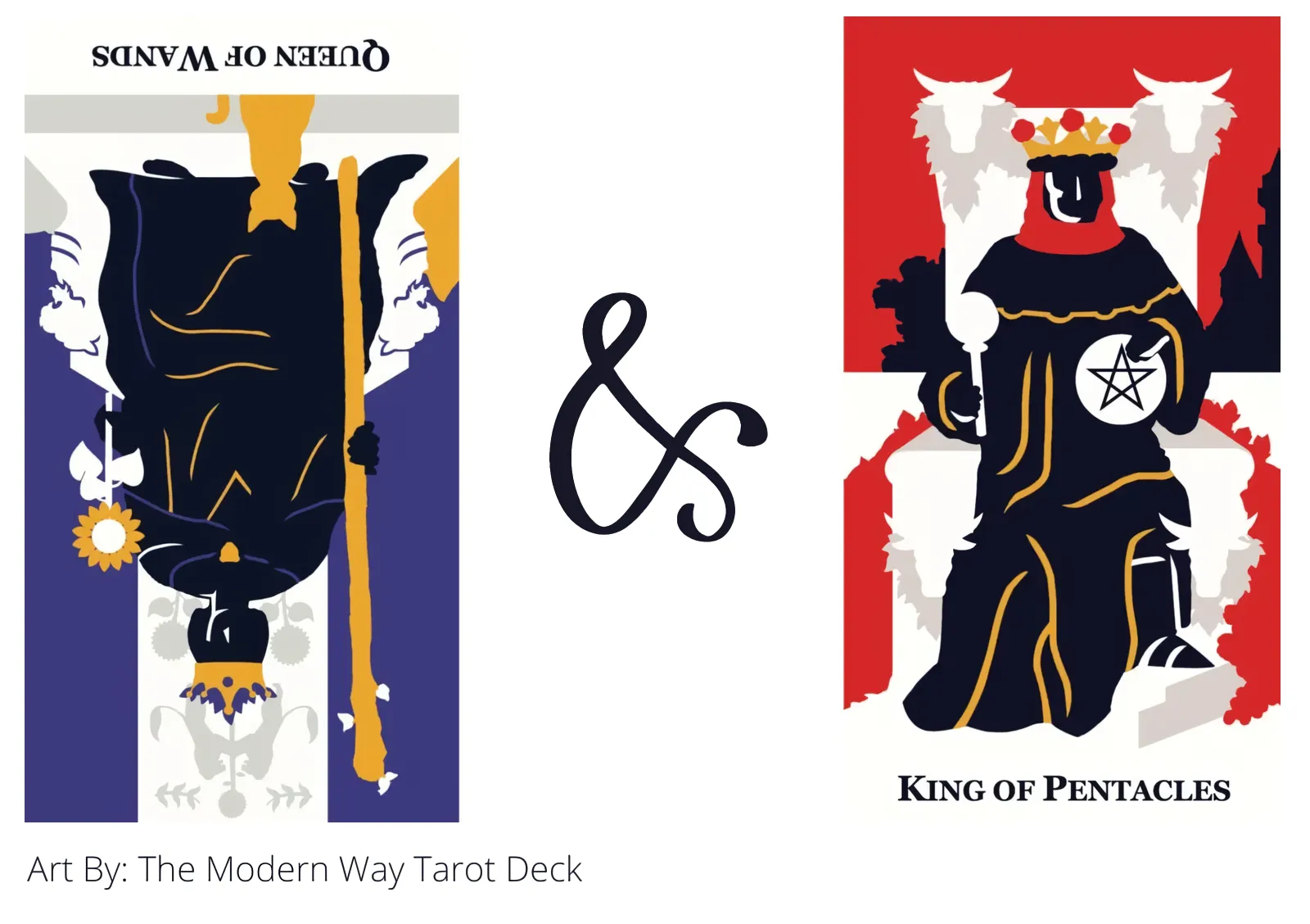 queen of wands reversed and king of pentacles tarot cards together