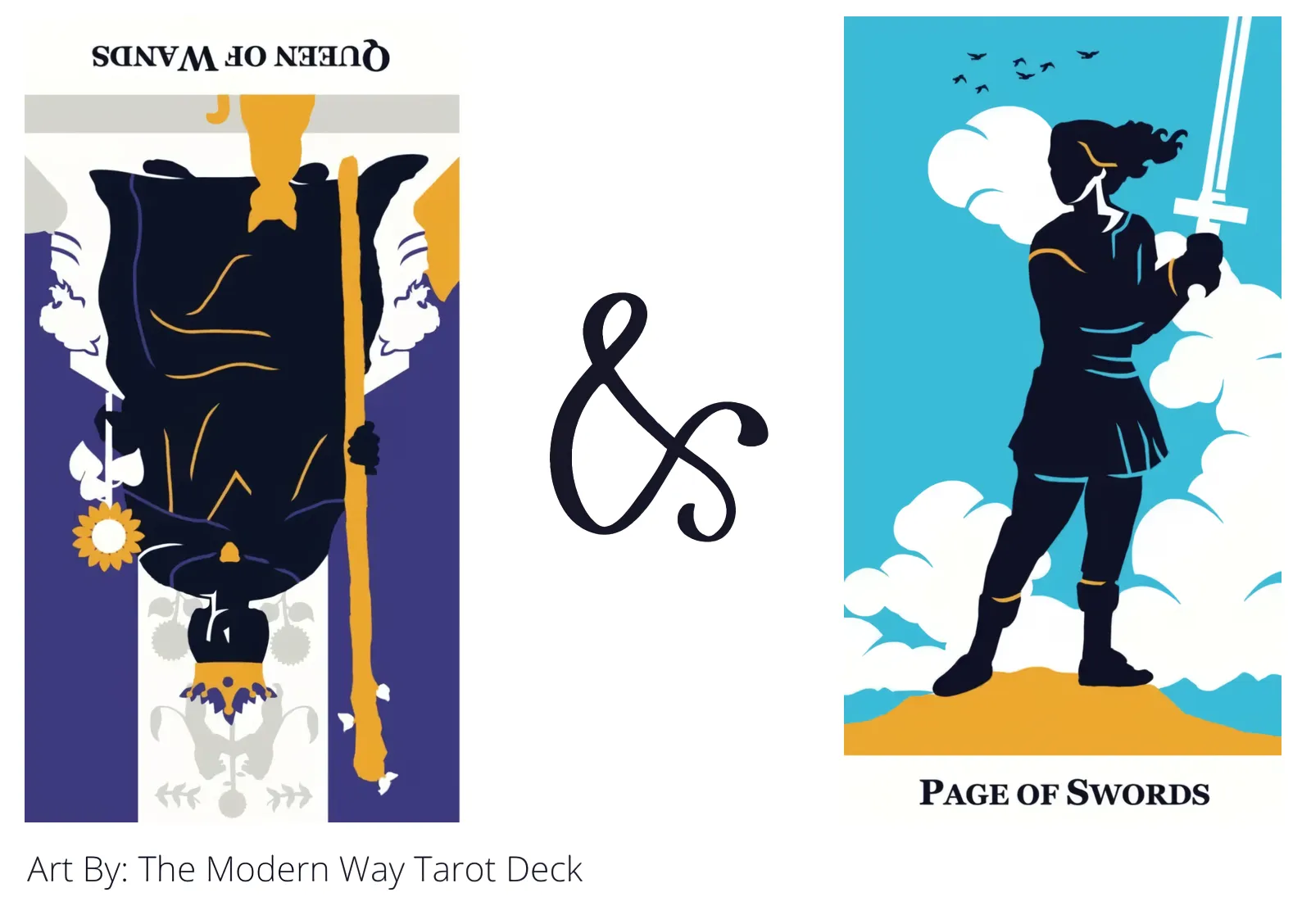 queen of wands reversed and page of swords tarot cards together