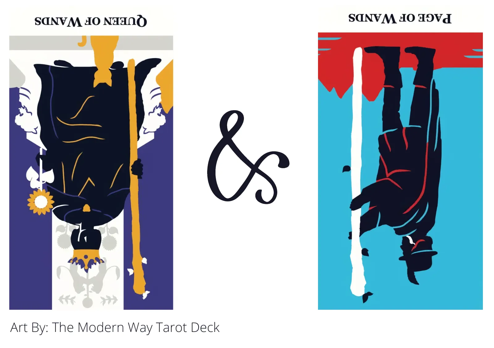 queen of wands reversed and page of wands reversed tarot cards together
