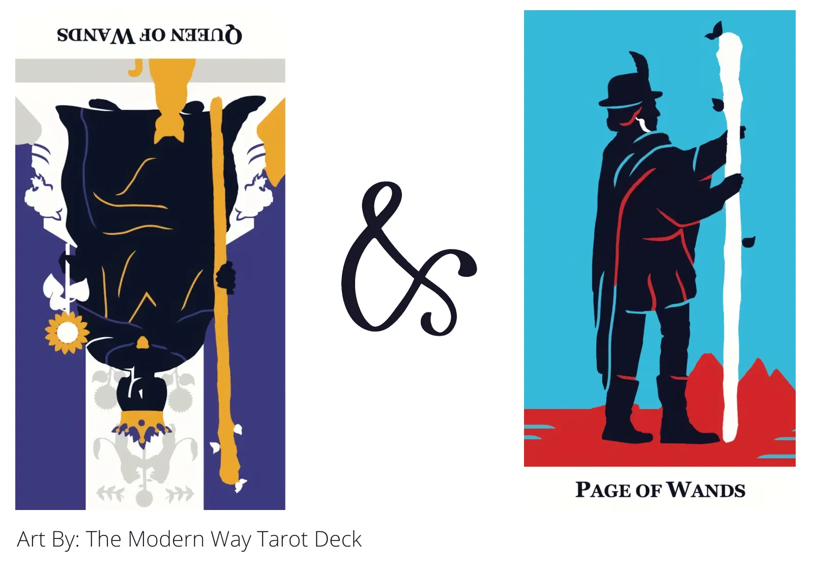 queen of wands reversed and page of wands tarot cards together