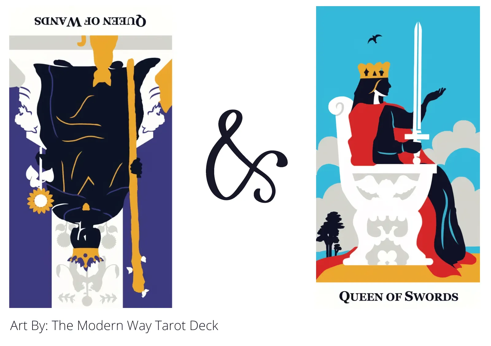 queen of wands reversed and queen of swords tarot cards together