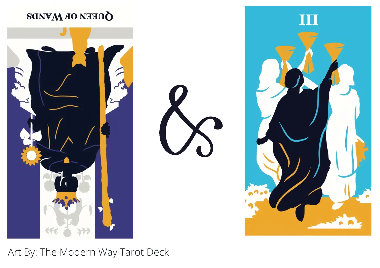 queen of wands reversed and three of cups tarot cards together