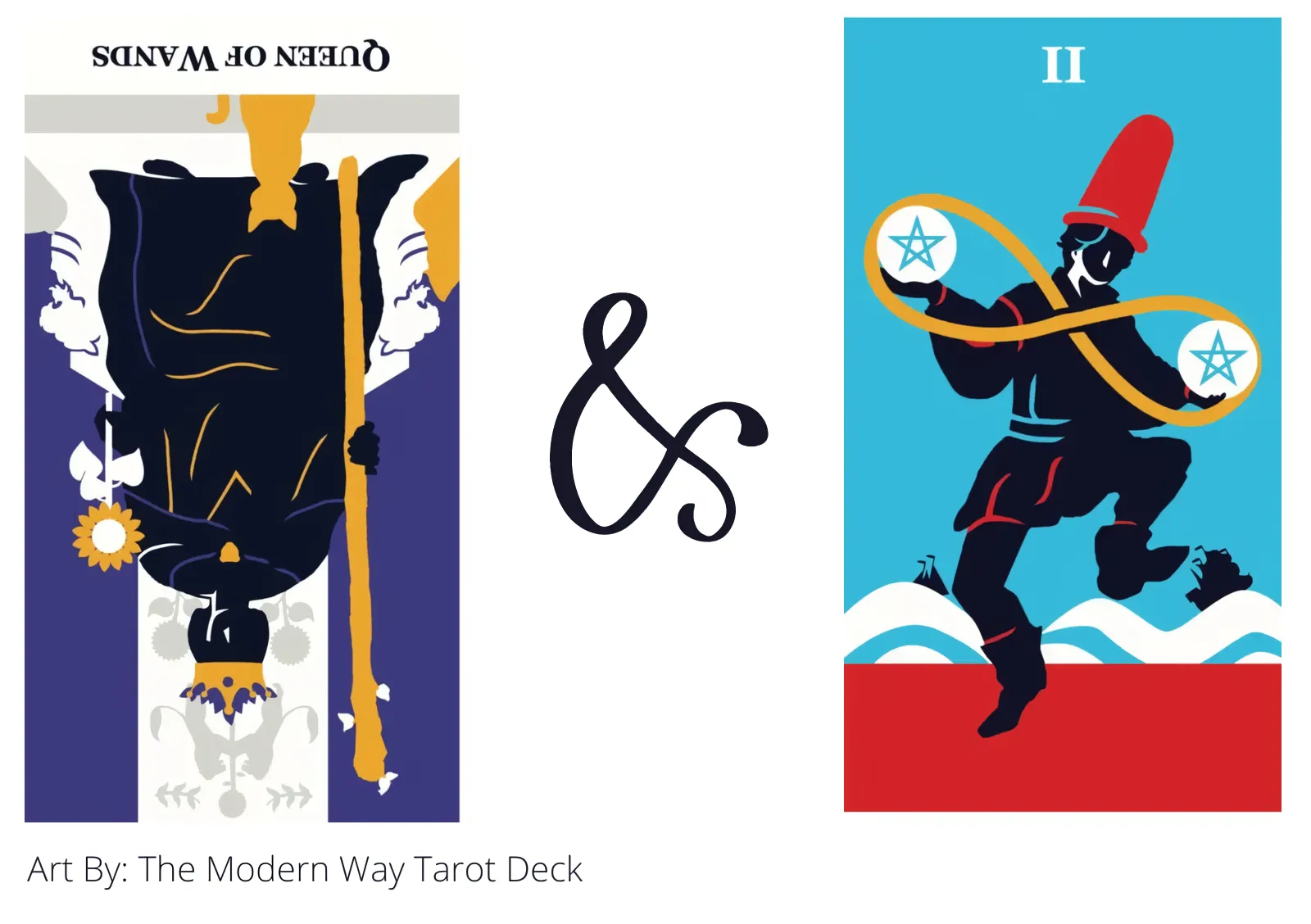queen of wands reversed and two of pentacles tarot cards together