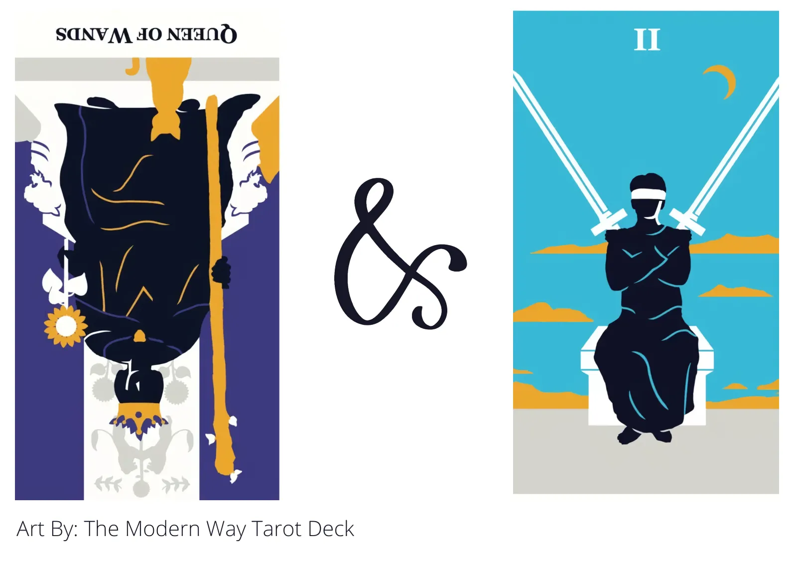 queen of wands reversed and two of swords tarot cards together