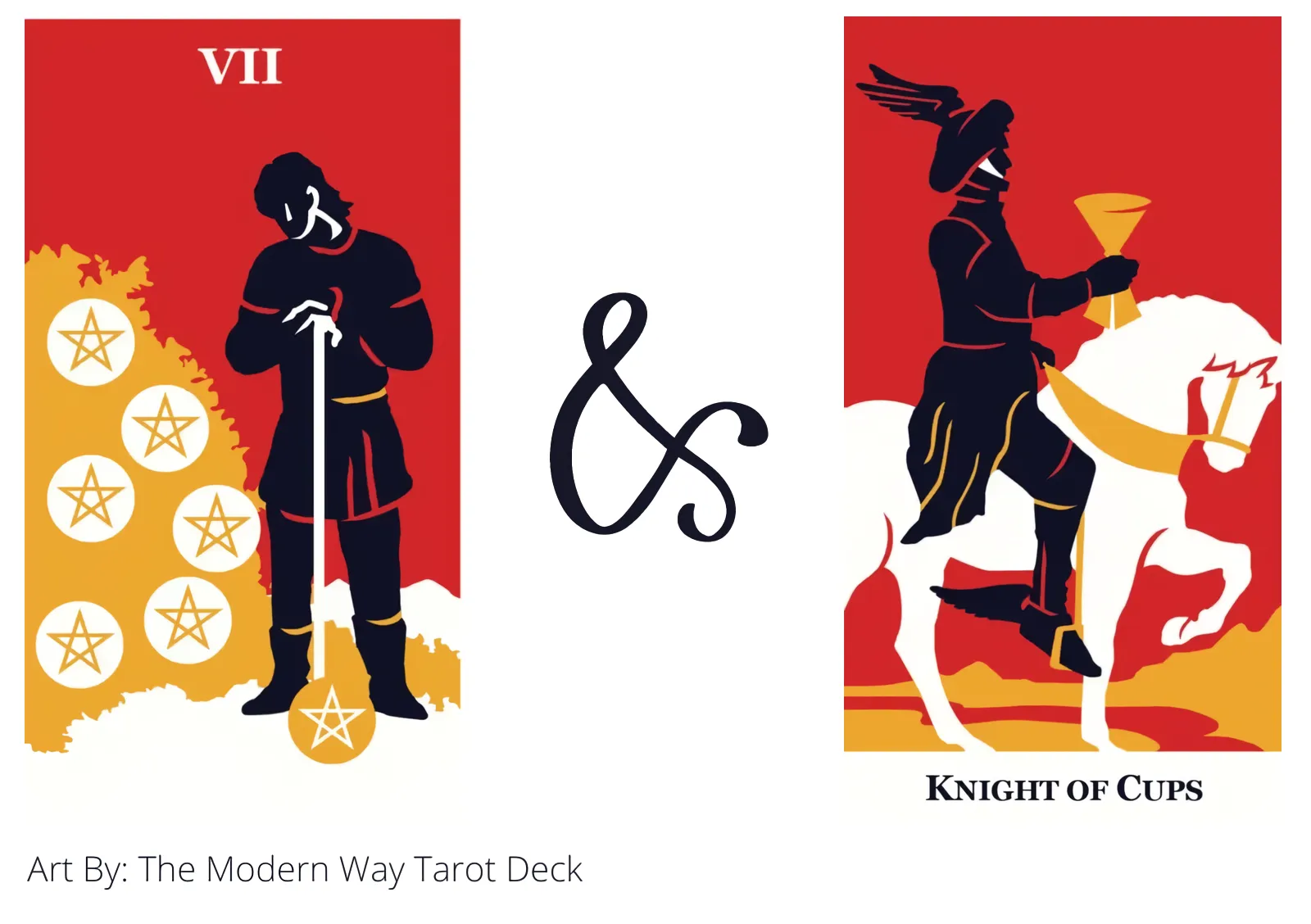 seven of pentacles and knight of cups tarot cards together
