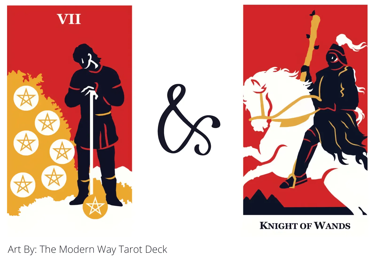 seven of pentacles and knight of wands tarot cards together