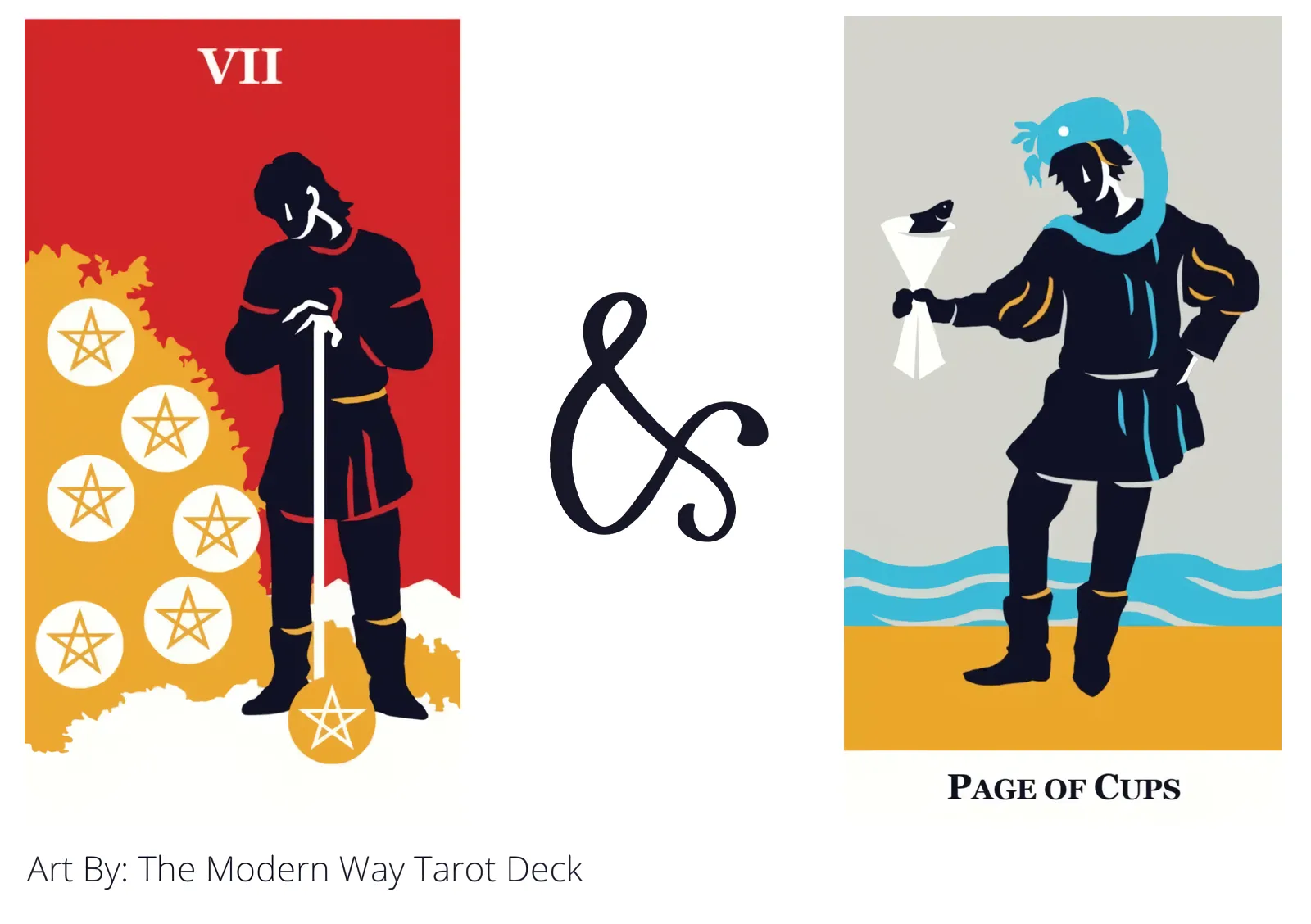 seven of pentacles and page of cups tarot cards together