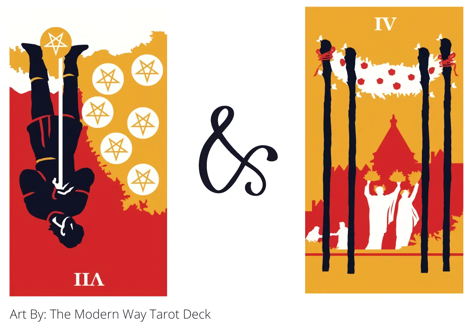 seven of pentacles reversed and four of wands tarot cards together