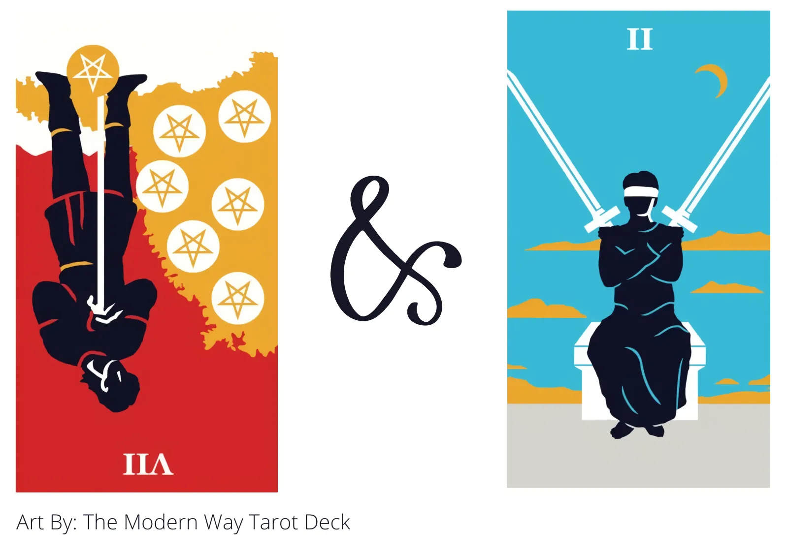 seven of pentacles reversed and two of swords tarot cards together