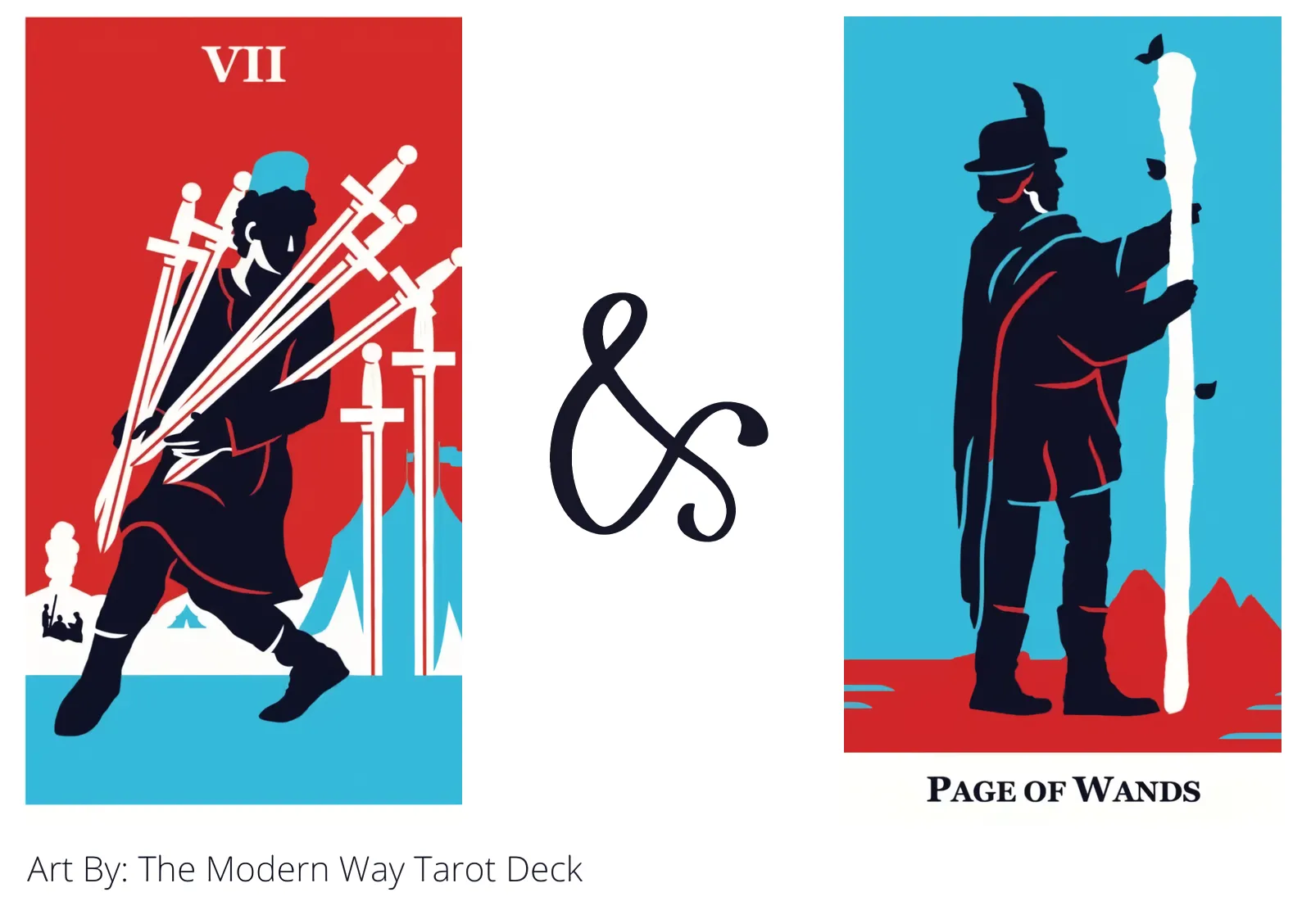 seven of swords and page of wands tarot cards together