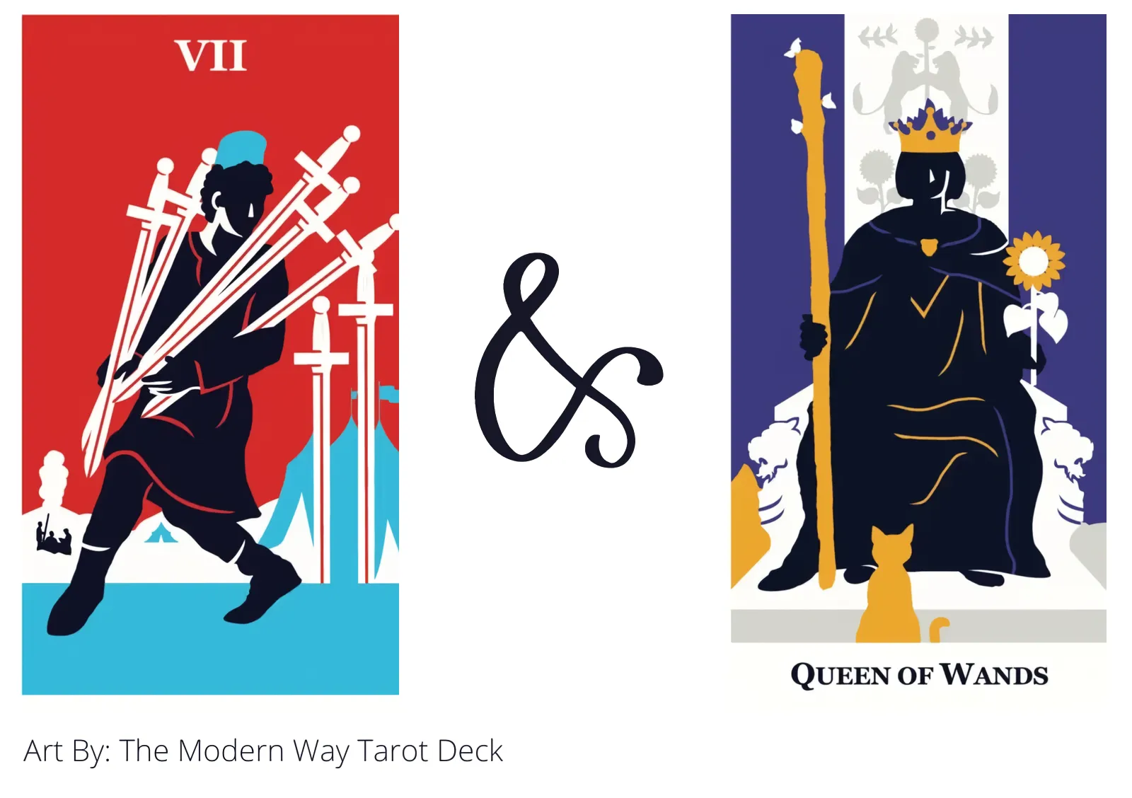 seven of swords and queen of wands tarot cards together