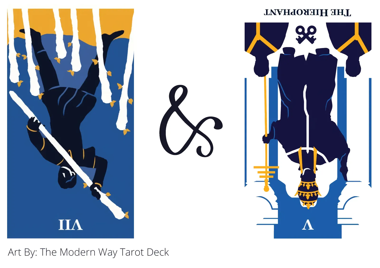 seven of wands reversed and the hierophant reversed tarot cards together